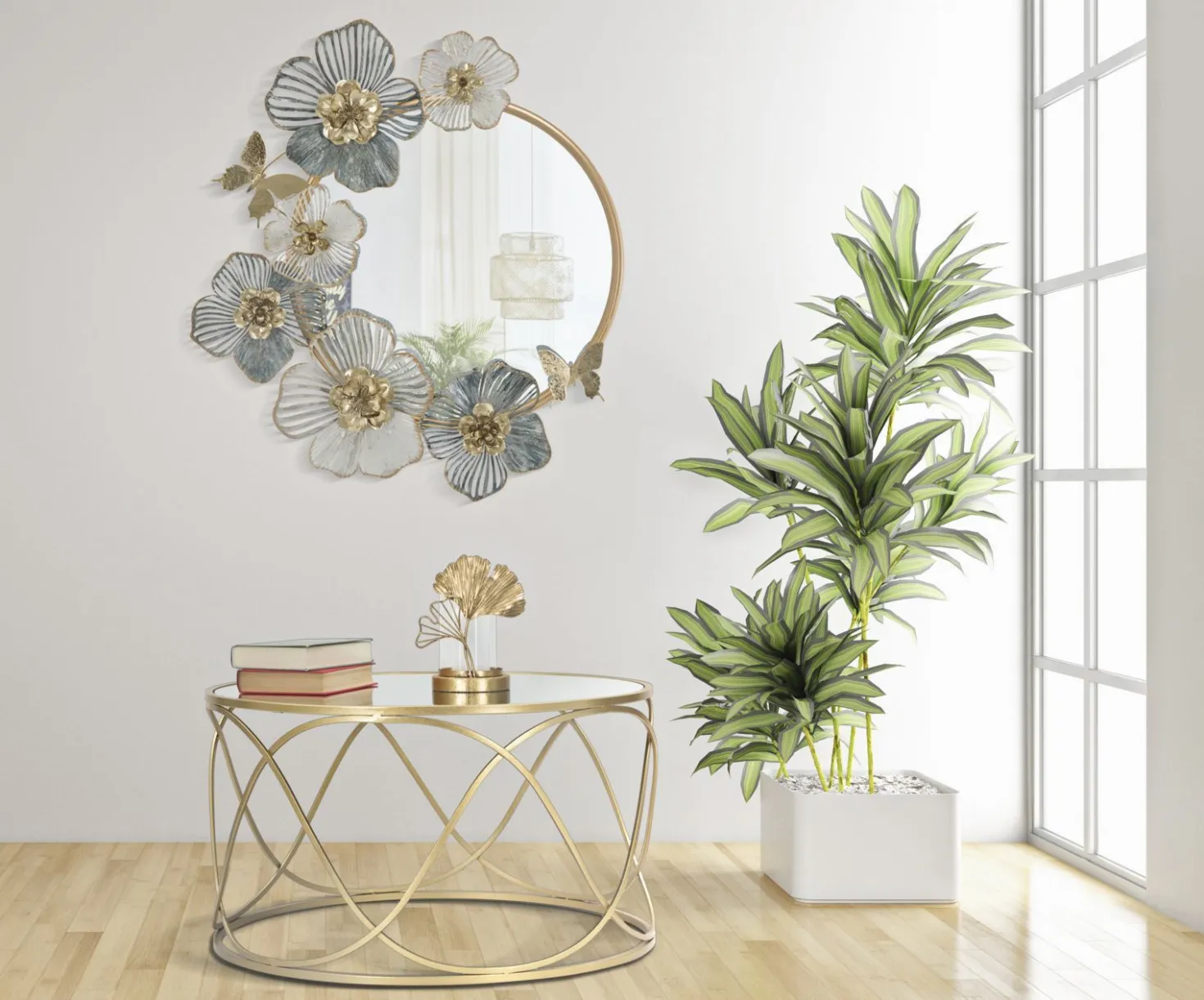 Miroir mural Amy métal doré décor floral pastel