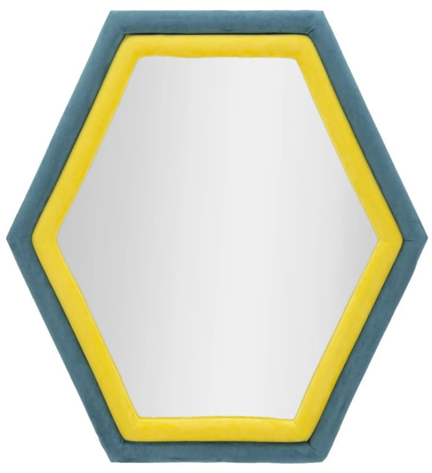 Miroir mural hexagonal cadre en bois Tissu Velours Bleu et Jaune