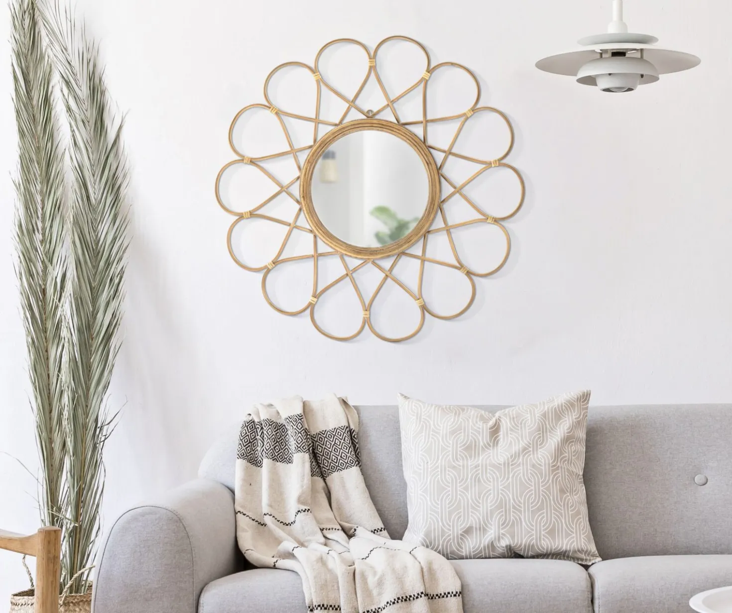 Miroir mural rond Almeria Rotin marron verre fer