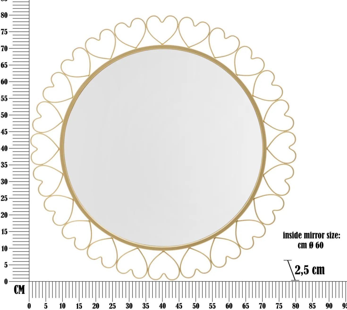 Miroir mural rond avec cadre en métal doré et verre