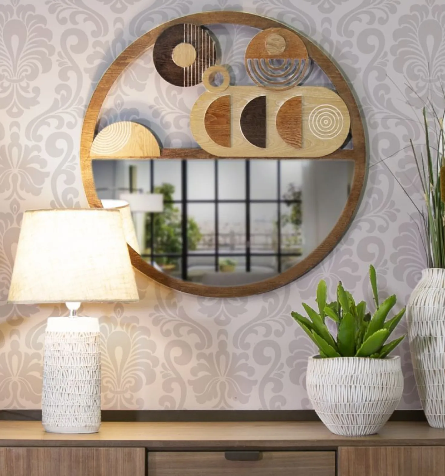 Miroir mural rond en M.D.F et verre multicolore