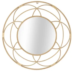 Miroir mural rond Valencia cadre géométrique rotin marron et verre