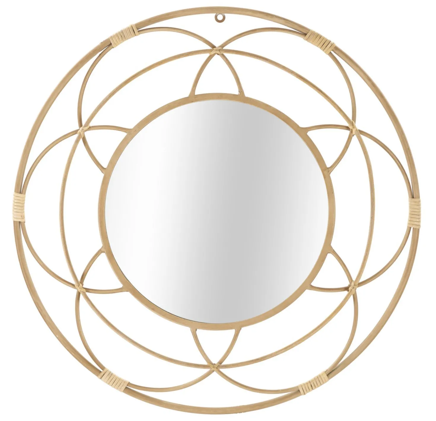 Miroir mural rond Valencia cadre géométrique rotin marron et verre