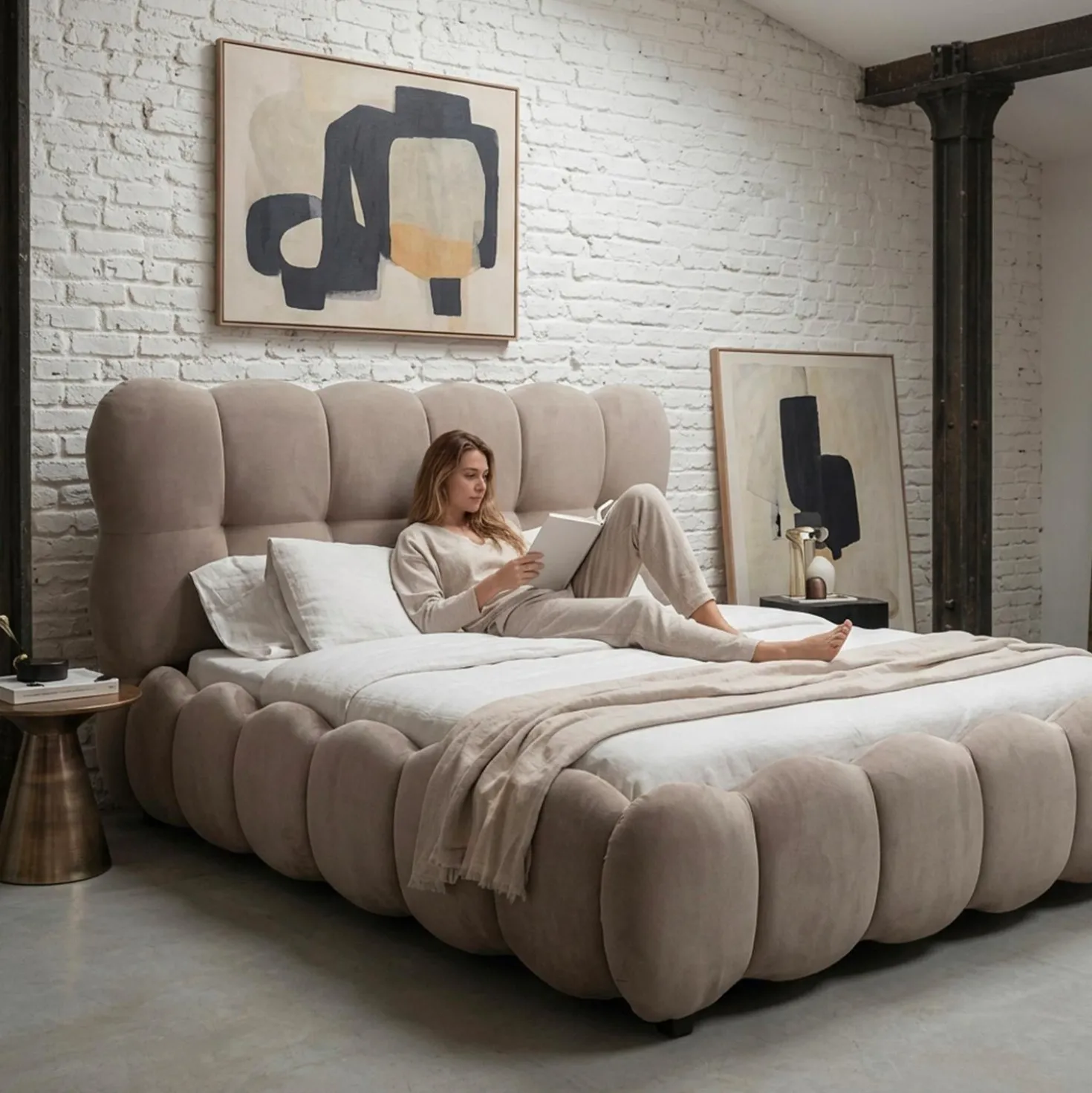 Pack Lit-coffre design boule Bilbola + Matelas Bedream 160x200cm Velours Taupe