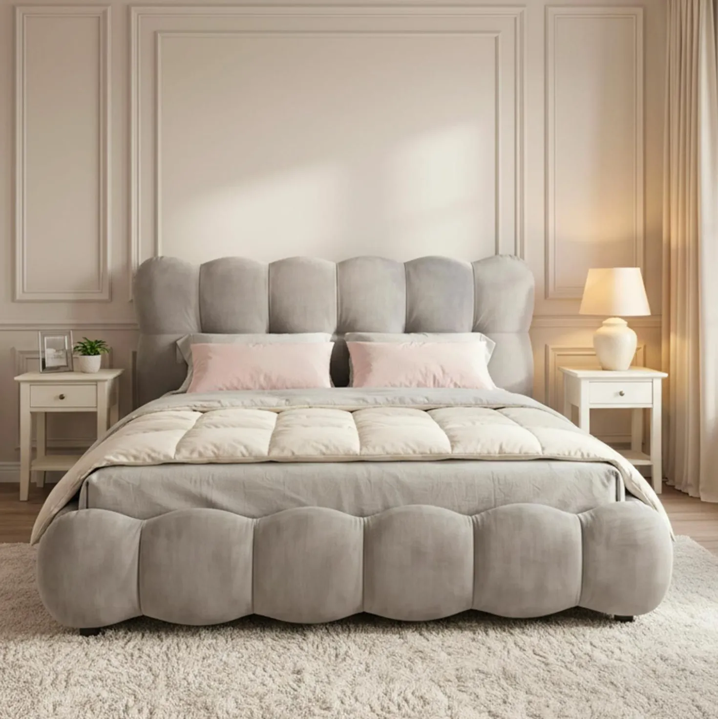 Pack Lit-coffre design boule Bilbola + Matelas Bedream 180x200cm Velours Gris