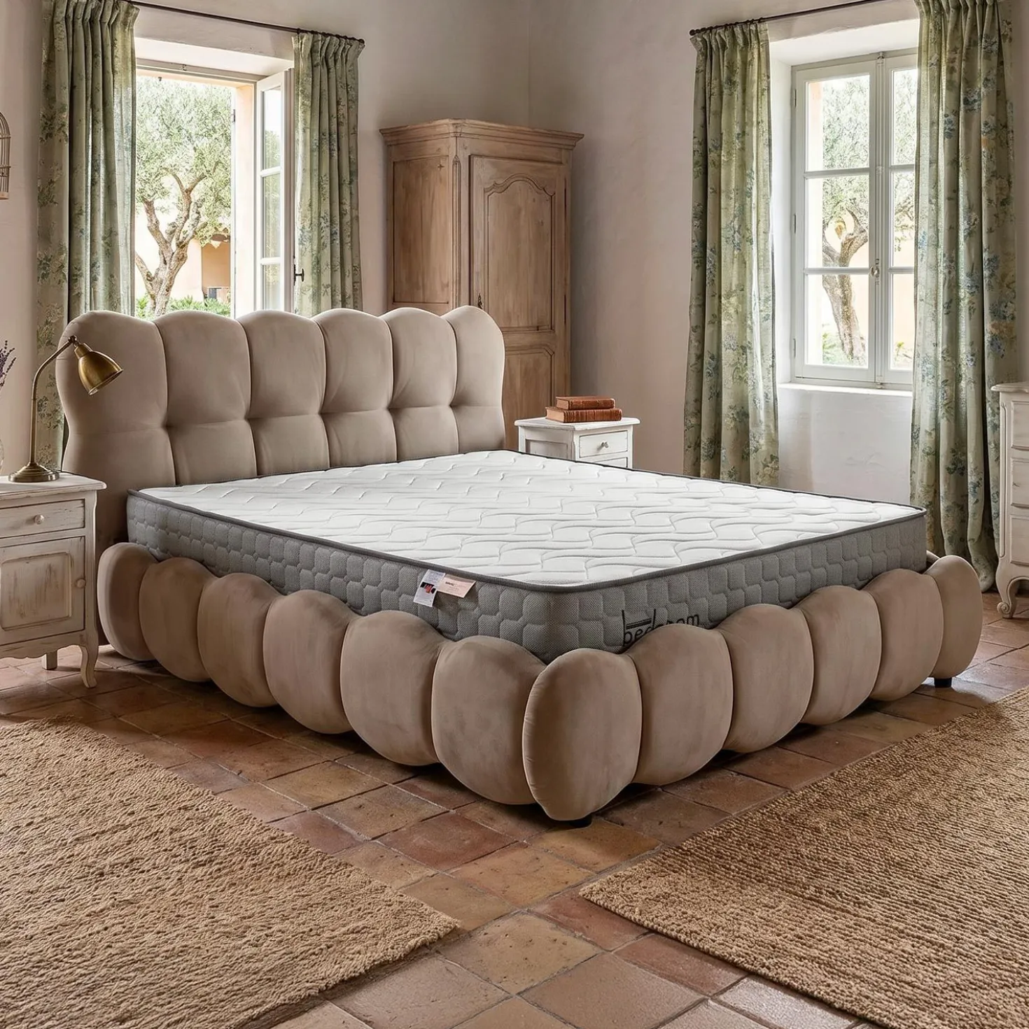 Pack Lit-coffre design boule Bilbola + Matelas Bedream 180x200cm Velours Taupe