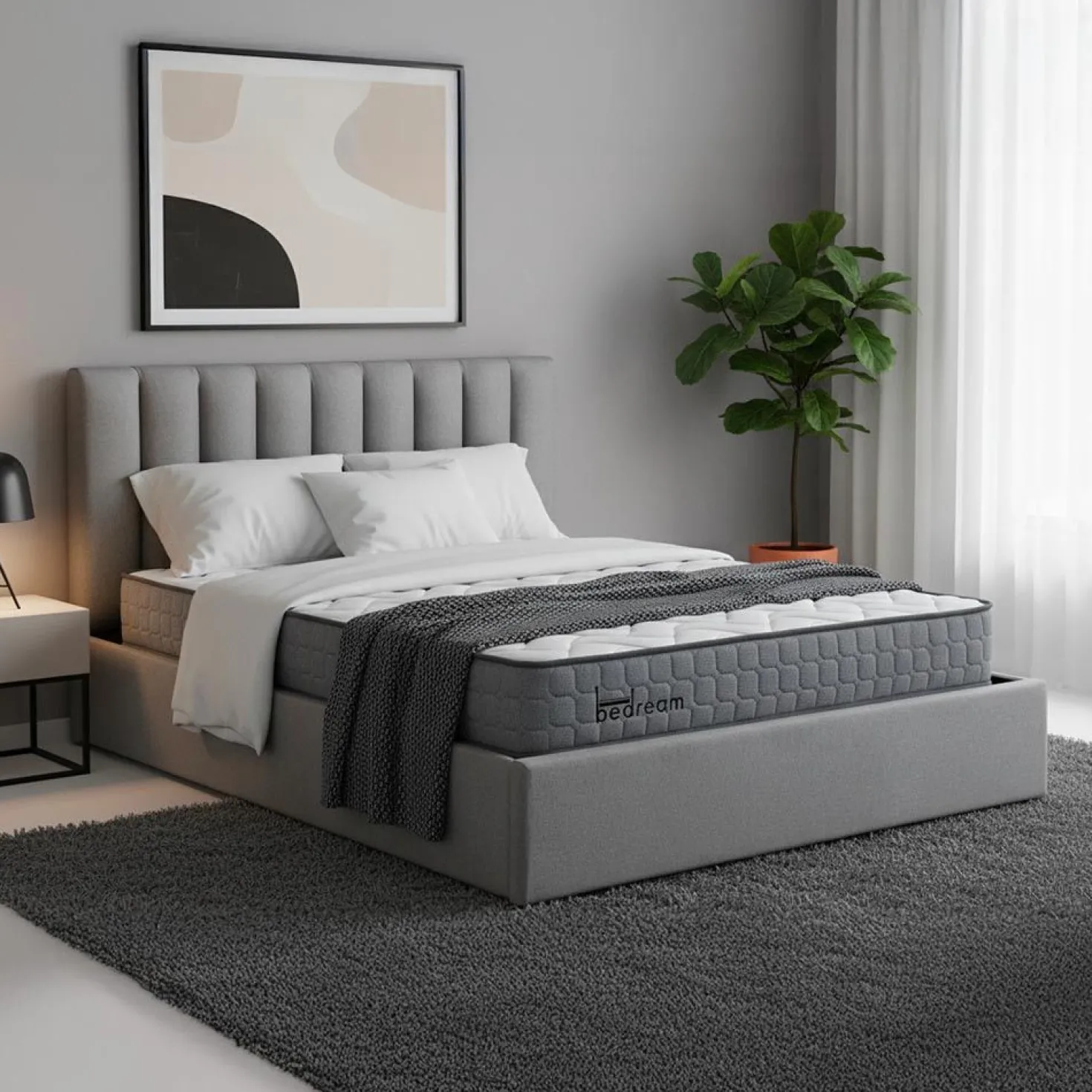 Pack Lit-coffre Songe + Matelas Bedream 160x200cm Tissu Gris