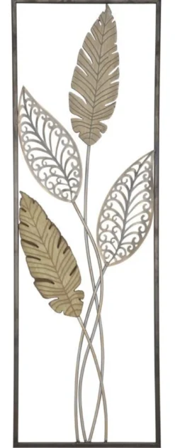 Panneau décoratif rectangulaire 3D Métal et MDF motifs feuilles finitions Or et Argent