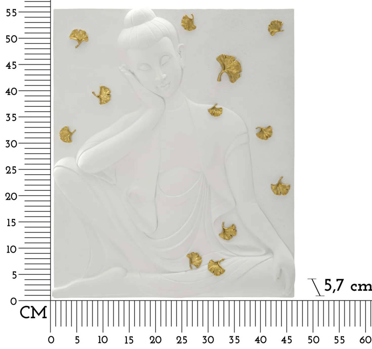 Panneau mural décoratif Bouddha résine 3D blanc et feuilles dorées