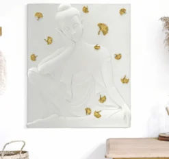 Panneau mural décoratif Bouddha résine 3D blanc et feuilles dorées