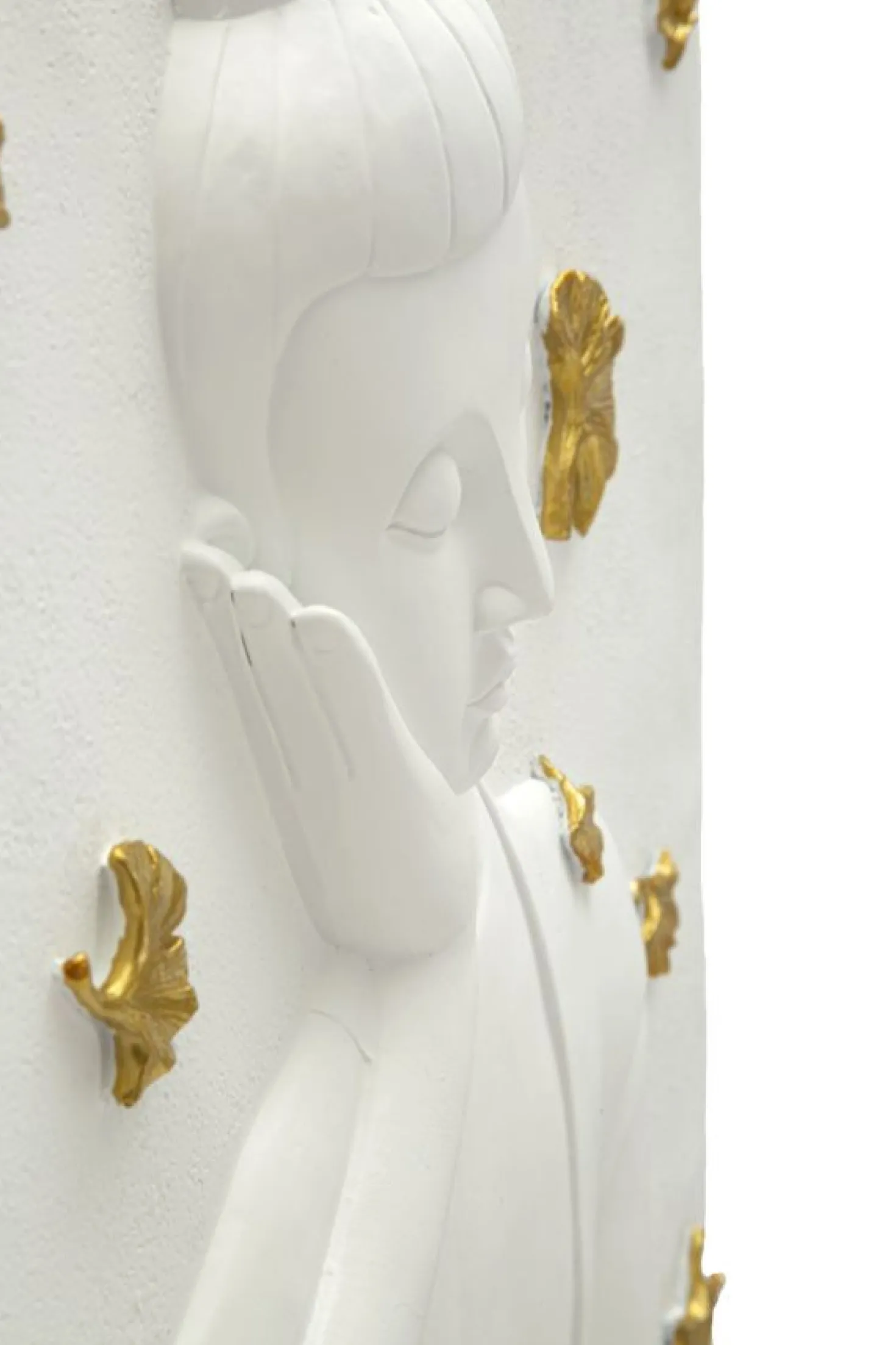 Panneau mural décoratif Bouddha résine 3D blanc et feuilles dorées