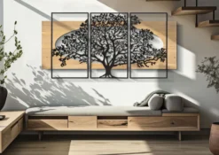 Panneau mural décoratif 3D Arbre métal et bois ensemble de 3 pièces