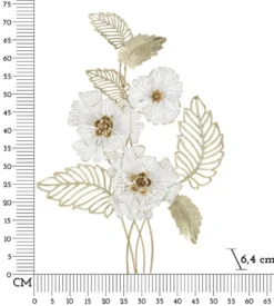 Panneau mural décoratif 3D en métal doré et blanc fleurs et feuilles
