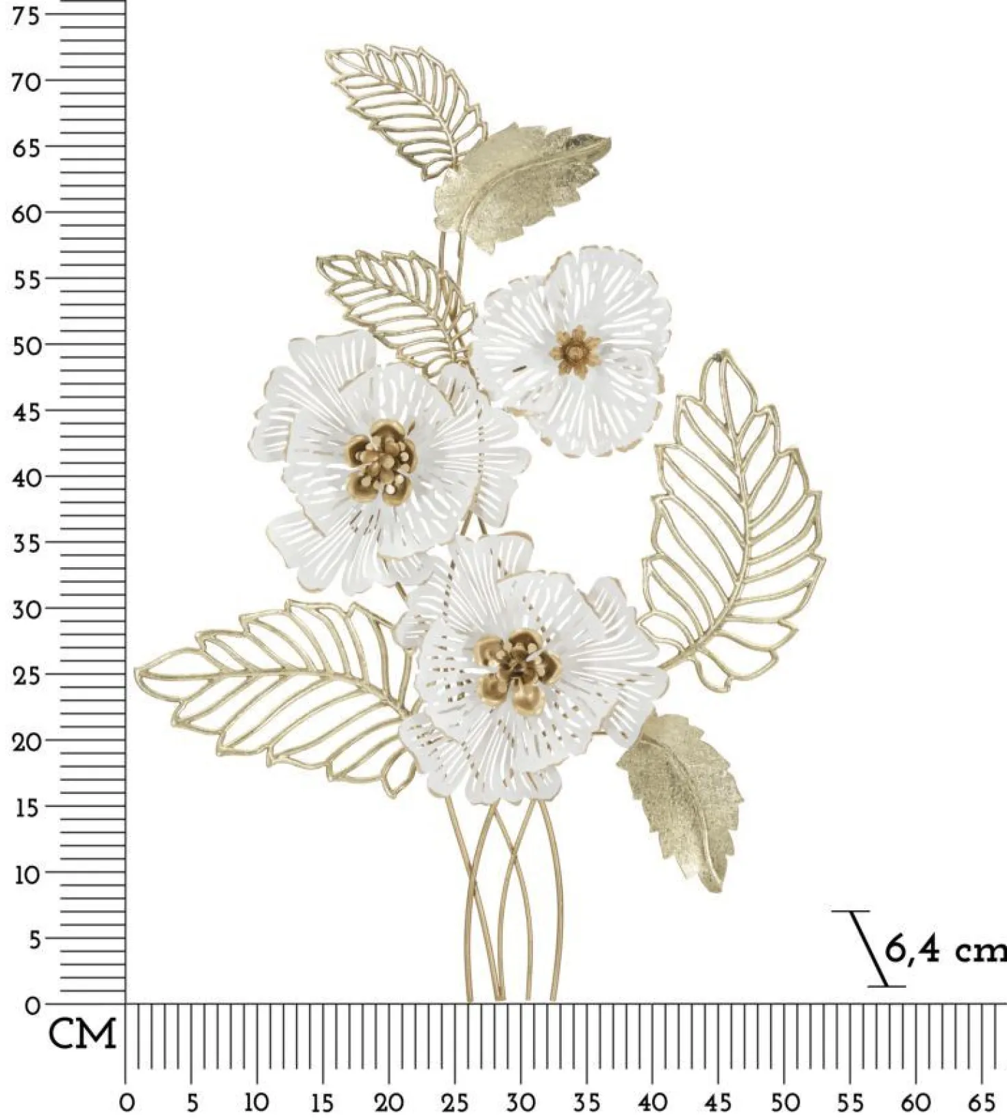 Panneau mural décoratif 3D en métal doré et blanc fleurs et feuilles