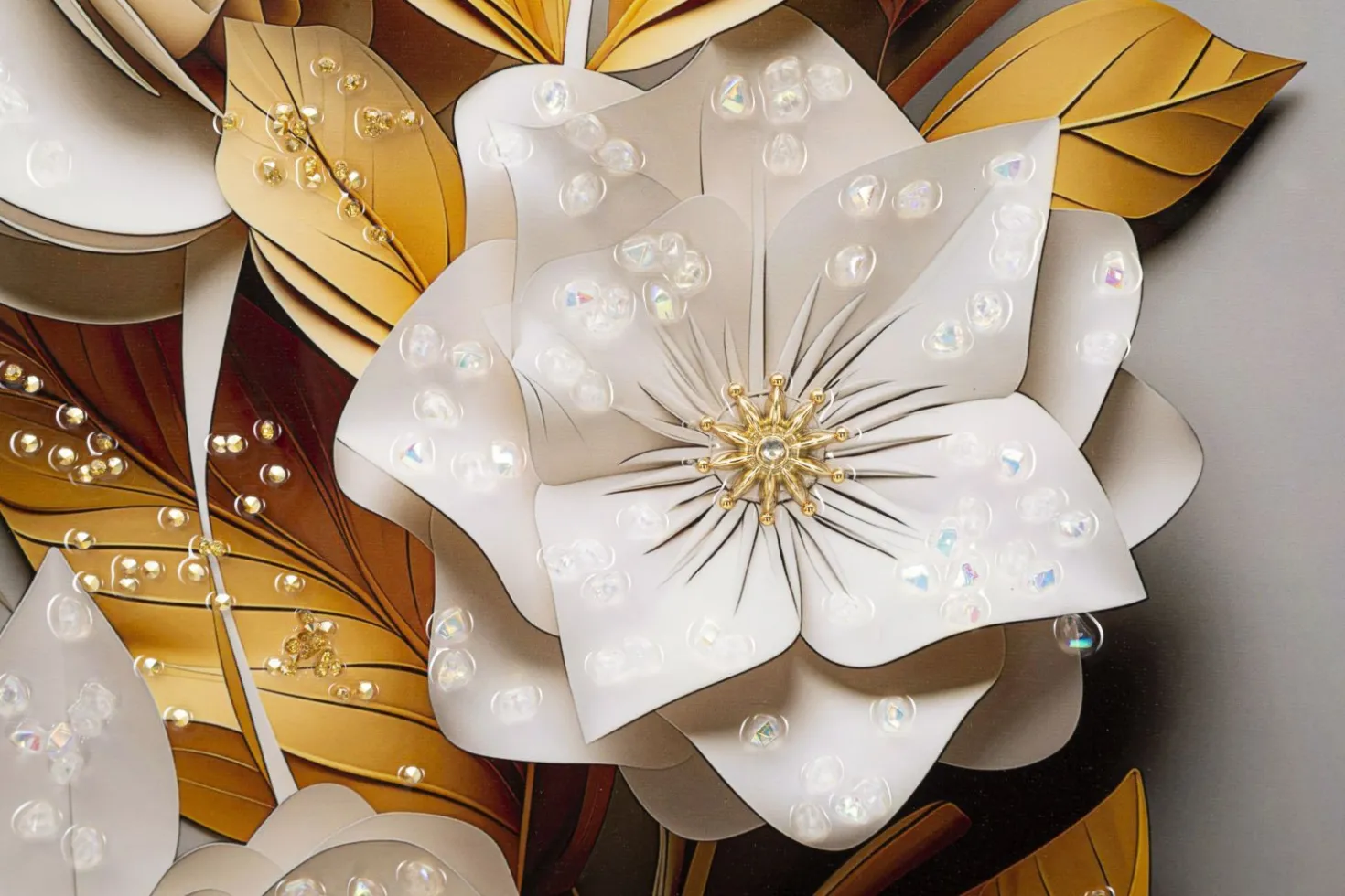 Peinture murale avec cadre bois et métal doré Fleurs et Feuilles