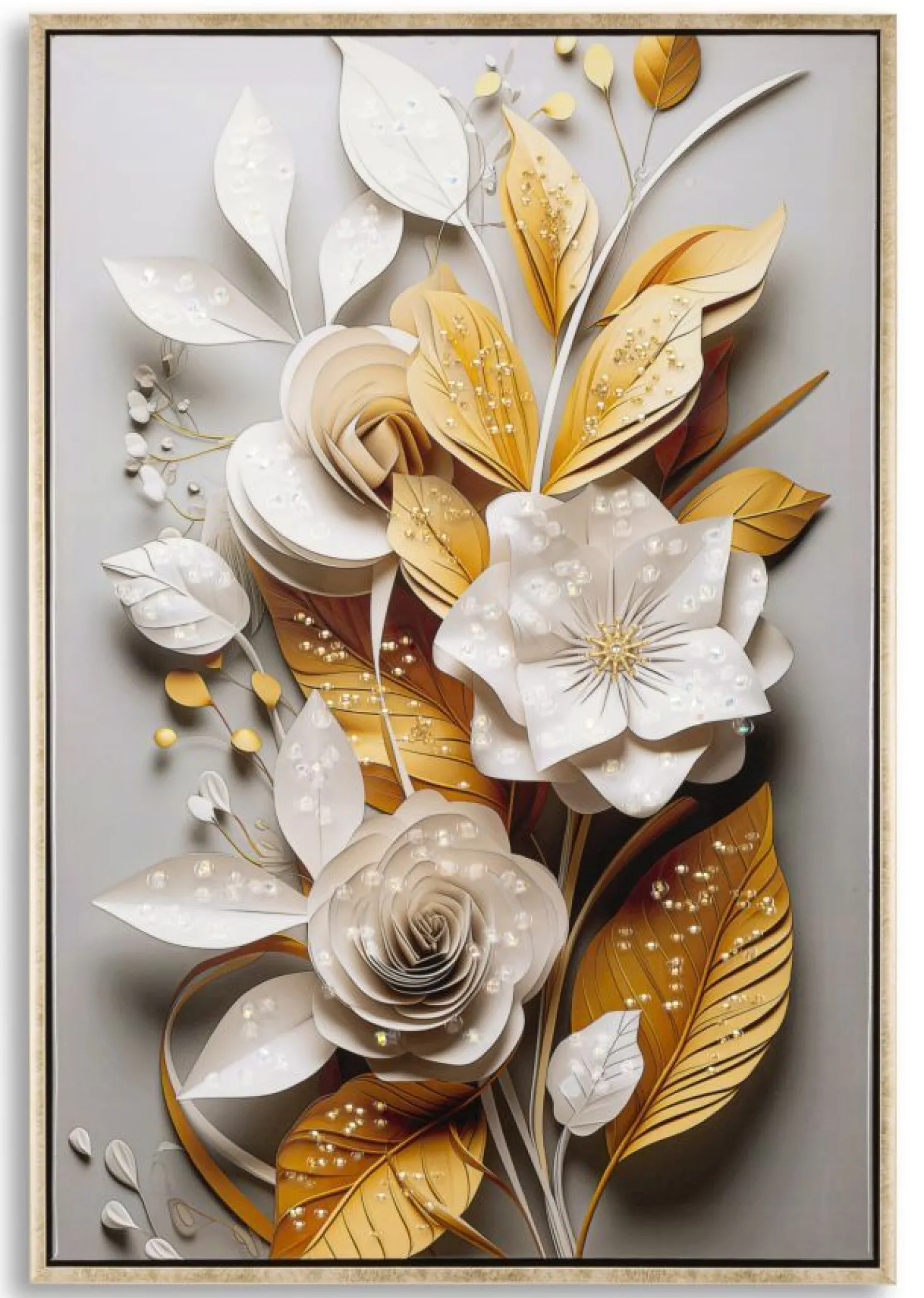 Peinture murale avec cadre bois et métal doré Fleurs et Feuilles