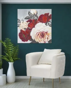 Peinture murale encadrée motif floral bois massif couleurs chaudes