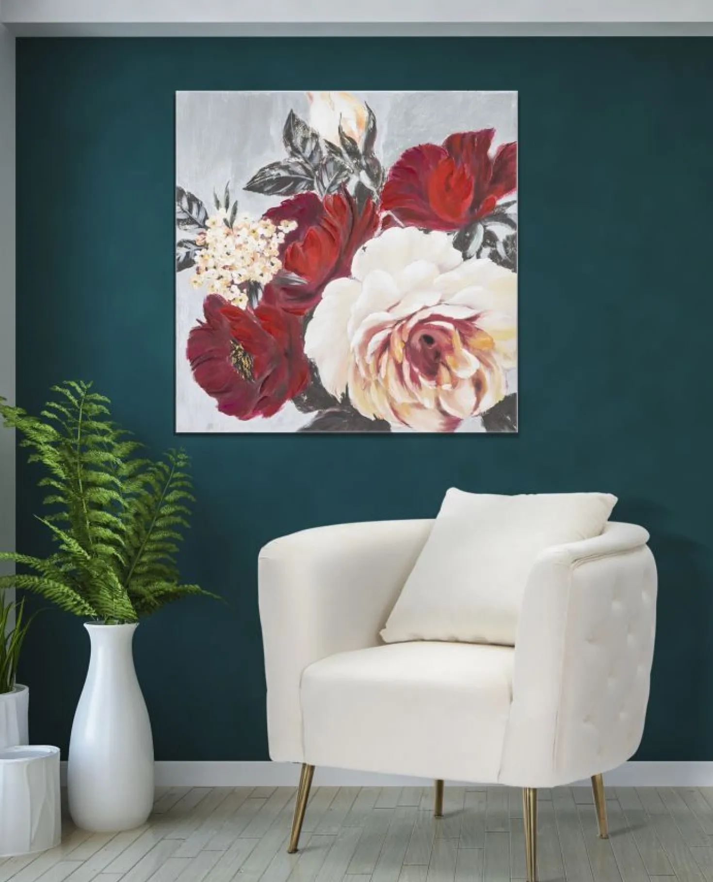 Peinture murale encadrée motif floral bois massif couleurs chaudes