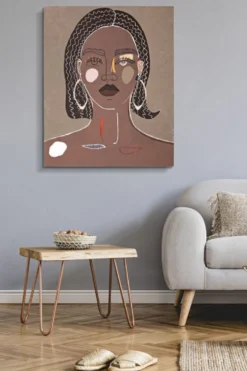 Peinture murale femme tribale encadrée toile marron bois massif