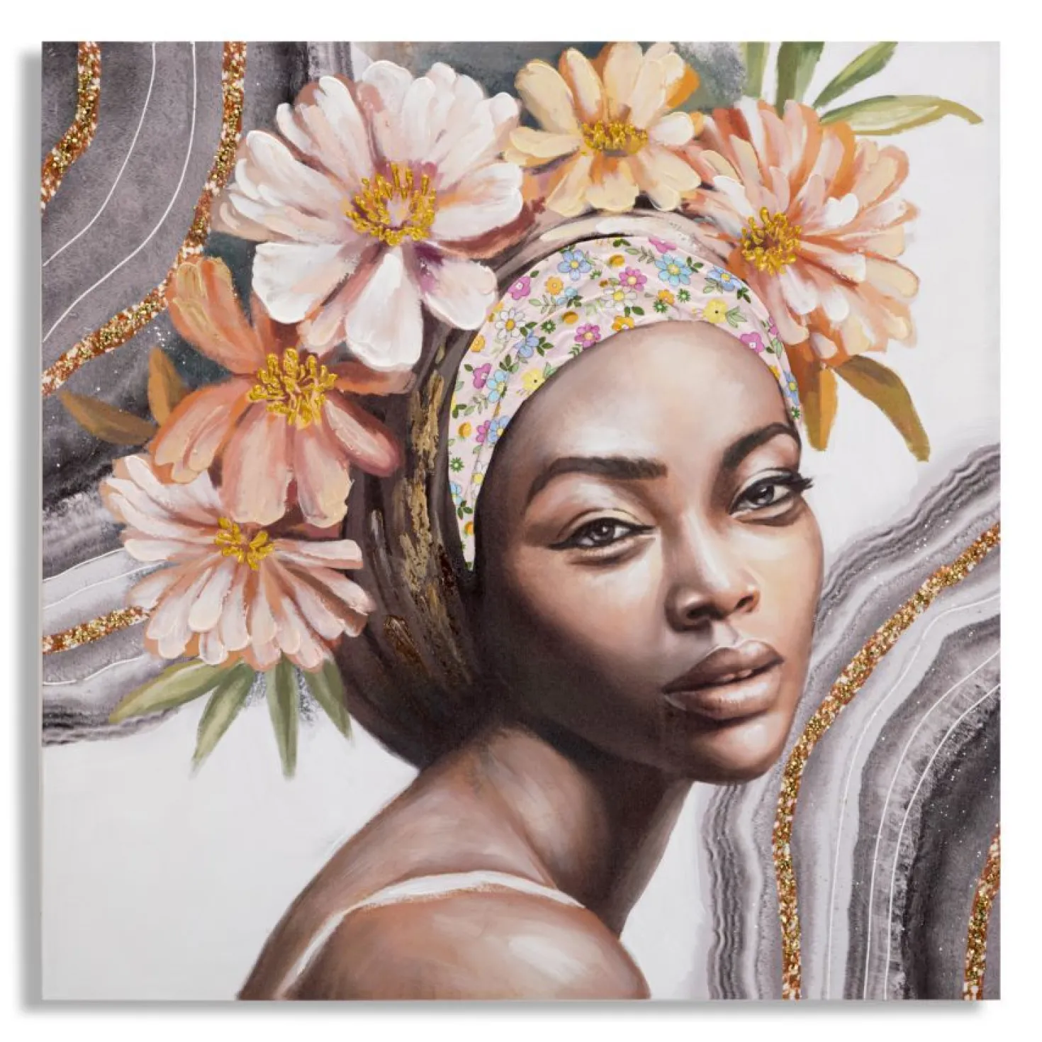 Peinture murale Naomi Bois massif avec applications en tissu multicolores