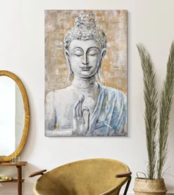 Peinture sur toile Bouddha encadrée en bois massif multicolore