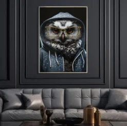 Peinture sur toile Chouette lunettes dorées cadre en bois et métal argenté