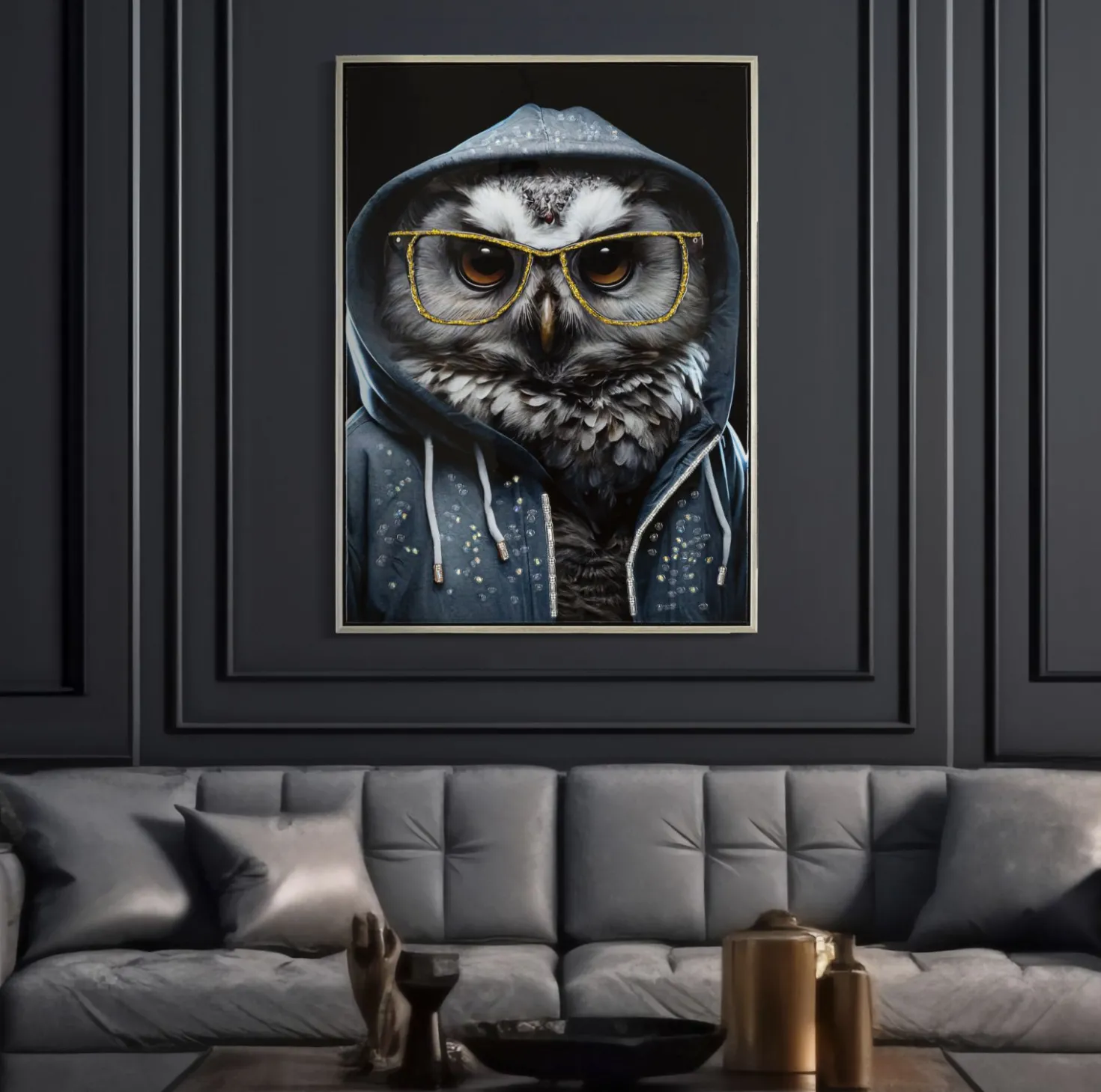 Peinture sur toile Chouette lunettes dorées cadre en bois et métal argenté