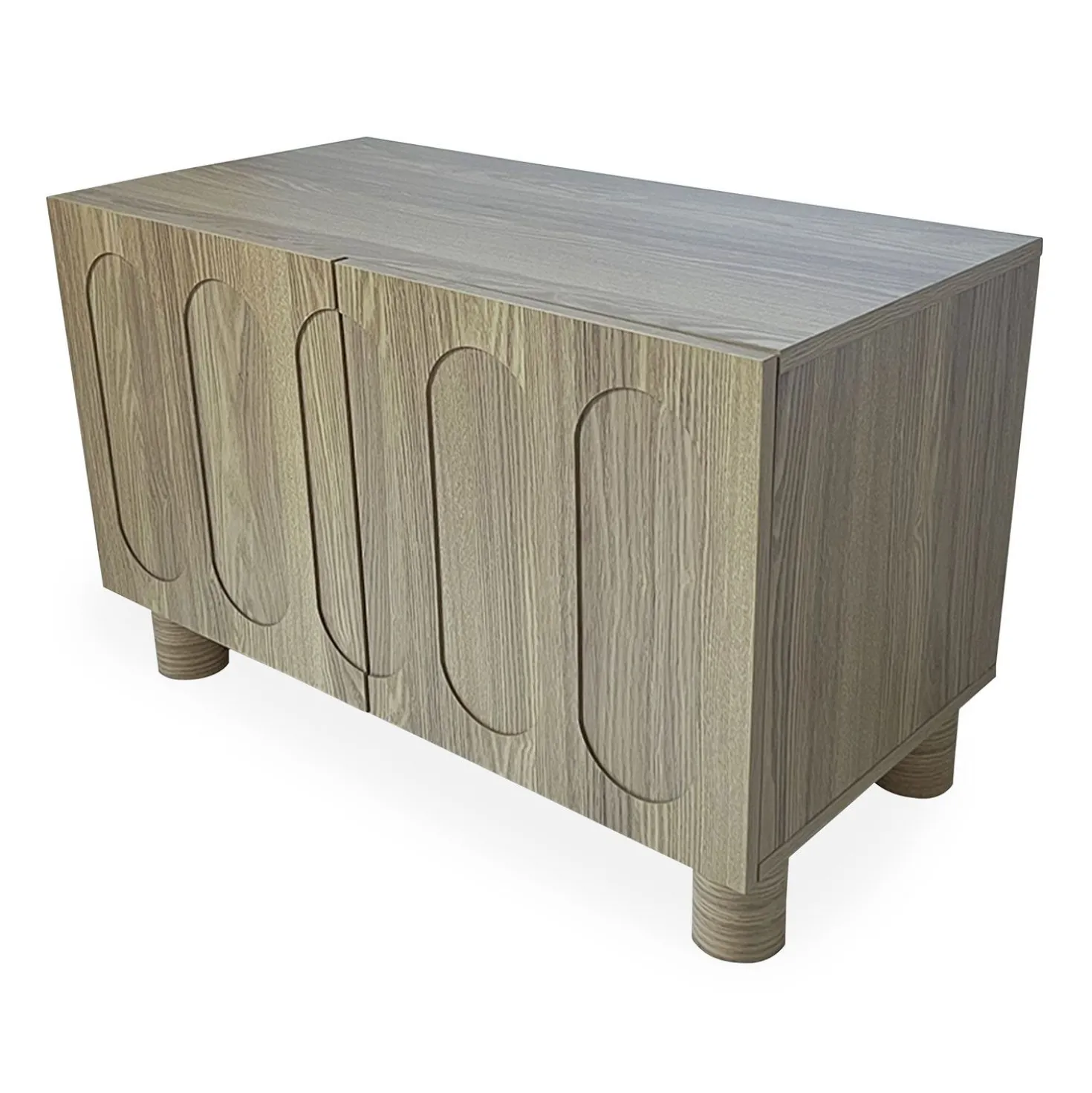 Petit buffet rétro-moderne avec portes sculptées Durand L80cm Chêne grisé