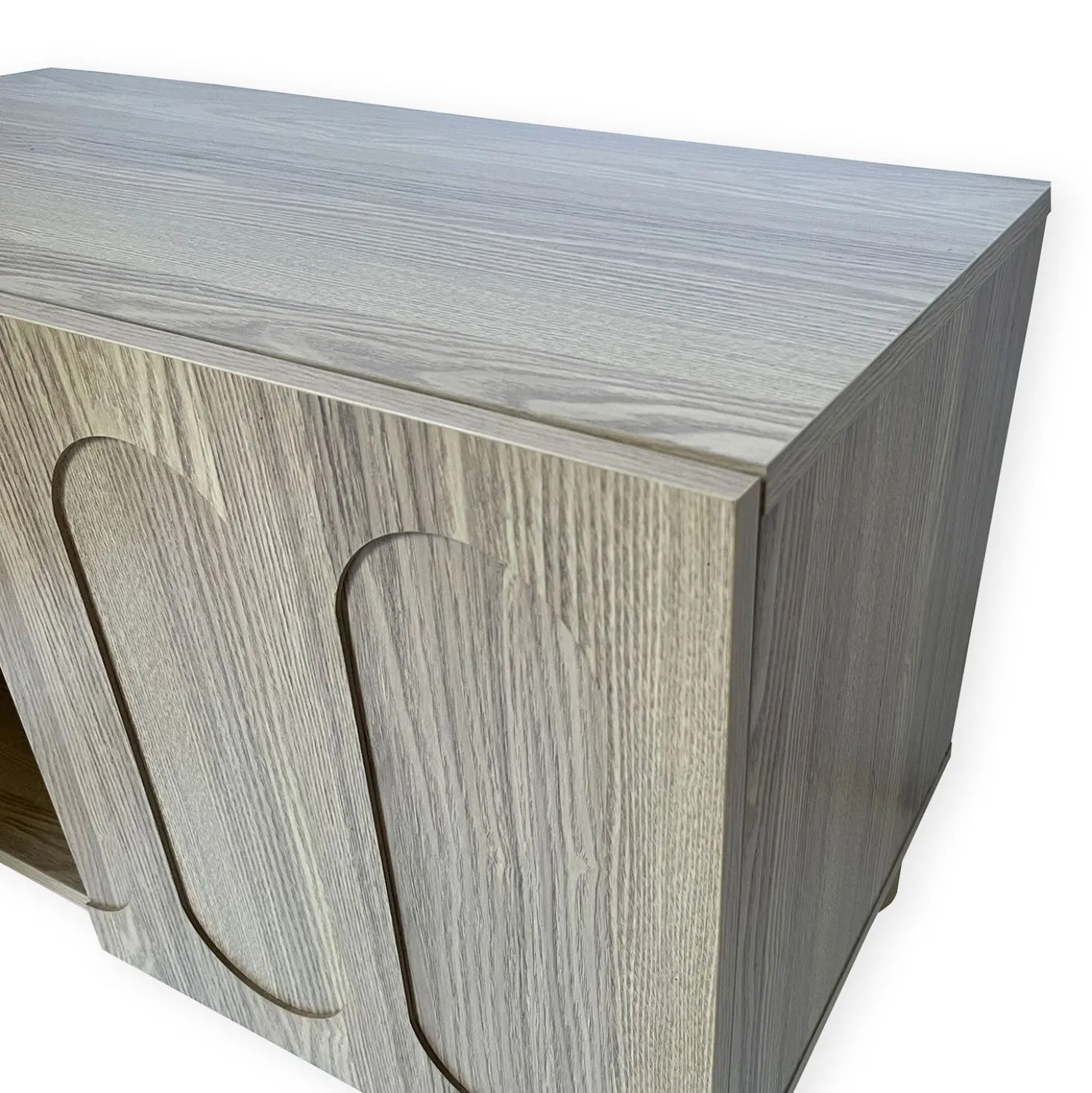 Petit buffet rétro-moderne avec portes sculptées Durand L80cm Chêne grisé