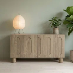 Petit buffet rétro-moderne avec portes sculptées Durand L80cm Chêne grisé
