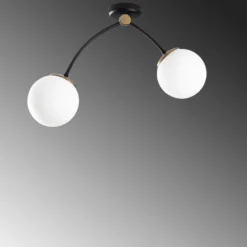 Plafonnier 2 lampes arcs asymétriques Gabilan Verre Blanc et Métal Noir et Or