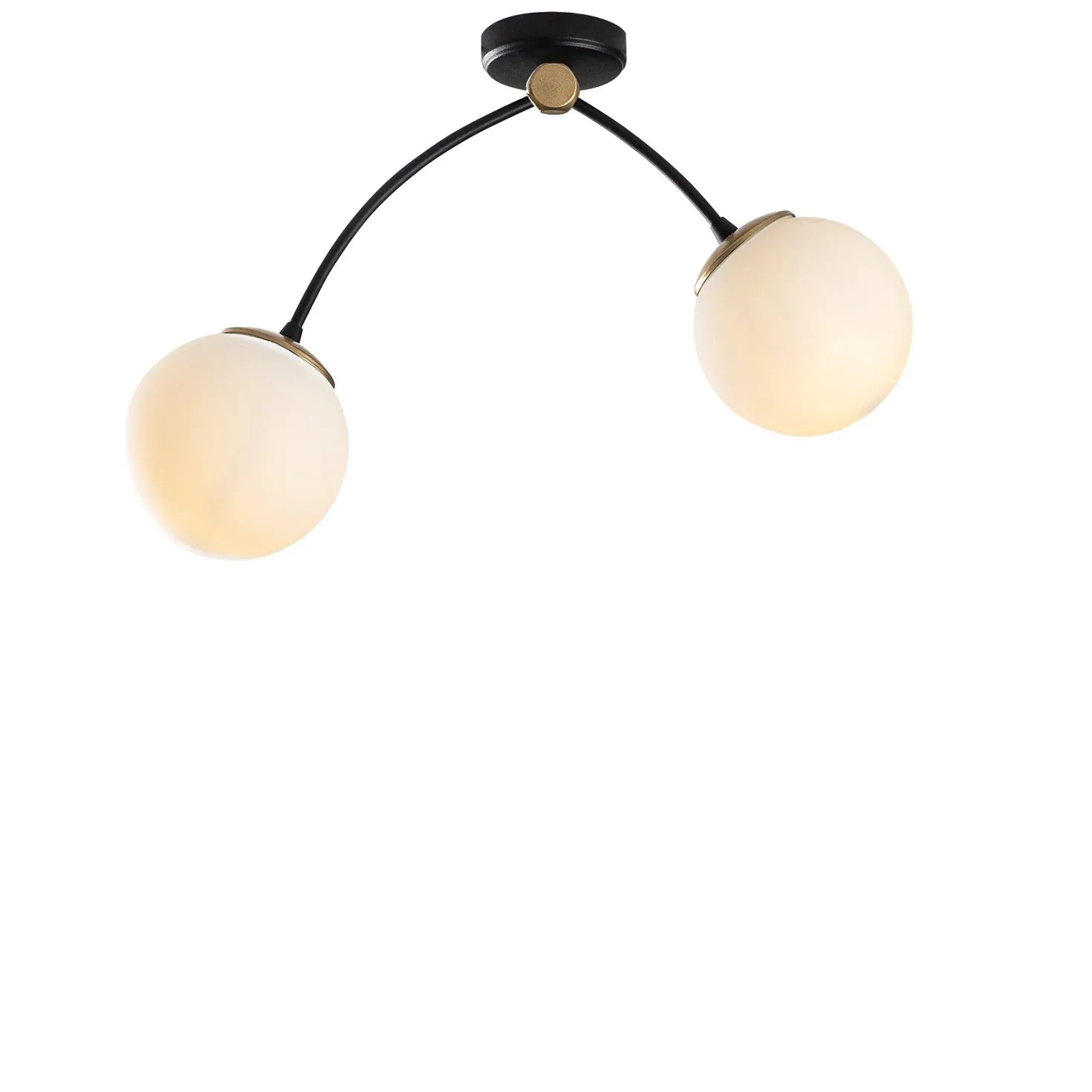 Plafonnier 2 lampes arcs asymétriques Gabilan Verre Blanc et Métal Noir et Or