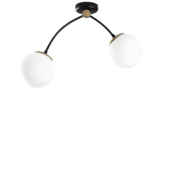 Plafonnier 2 lampes arcs asymétriques Gabilan Verre Blanc et Métal Noir et Or