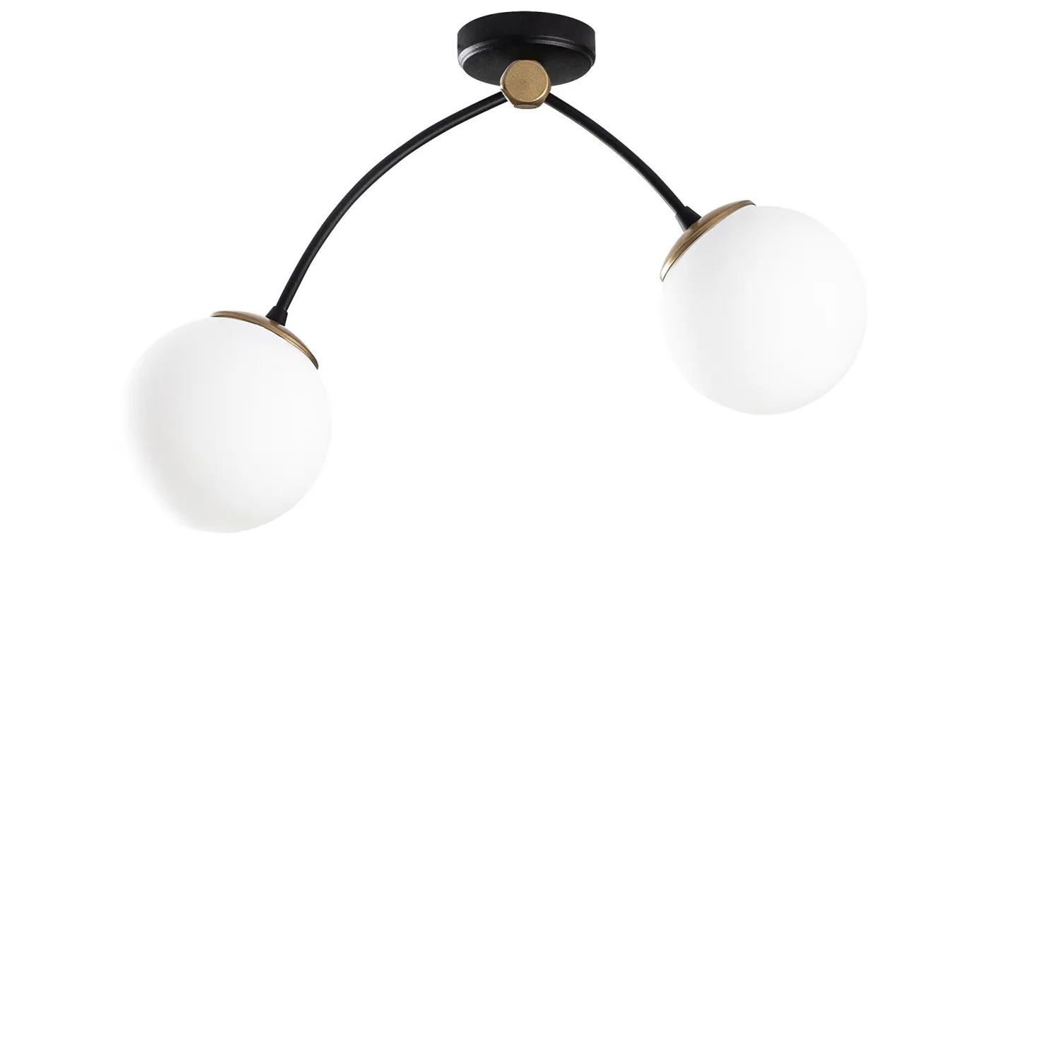 Plafonnier 2 lampes arcs asymétriques Gabilan Verre Blanc et Métal Noir et Or