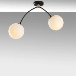 Plafonnier 2 lampes arcs asymétriques Gabilan Verre Blanc et Métal Noir et Or