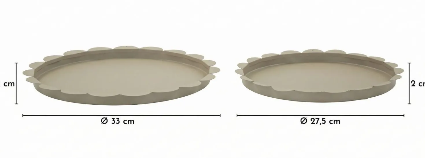 Plateau rond gris colombe set de 2 pièces métal bord ondulé