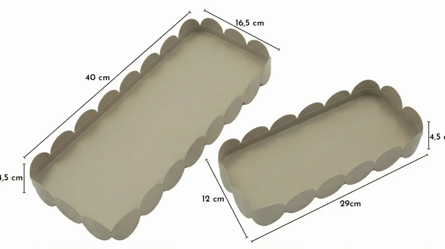 Plateaux rectangulaires en métal gris colombe bord ondulé set de 2