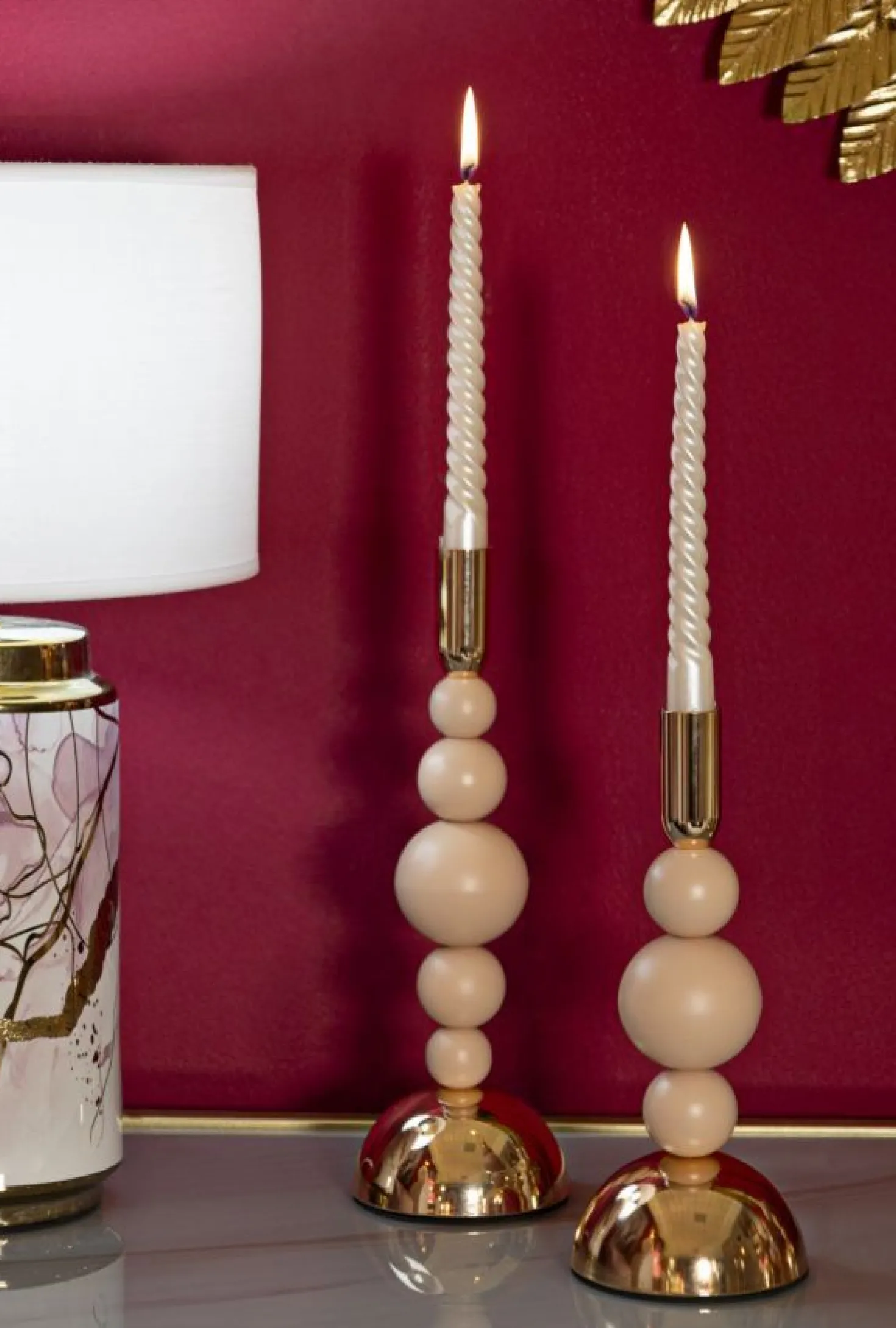 Porte-bougie Bolly rose en ensemble de 2 pièces et finitions dorées