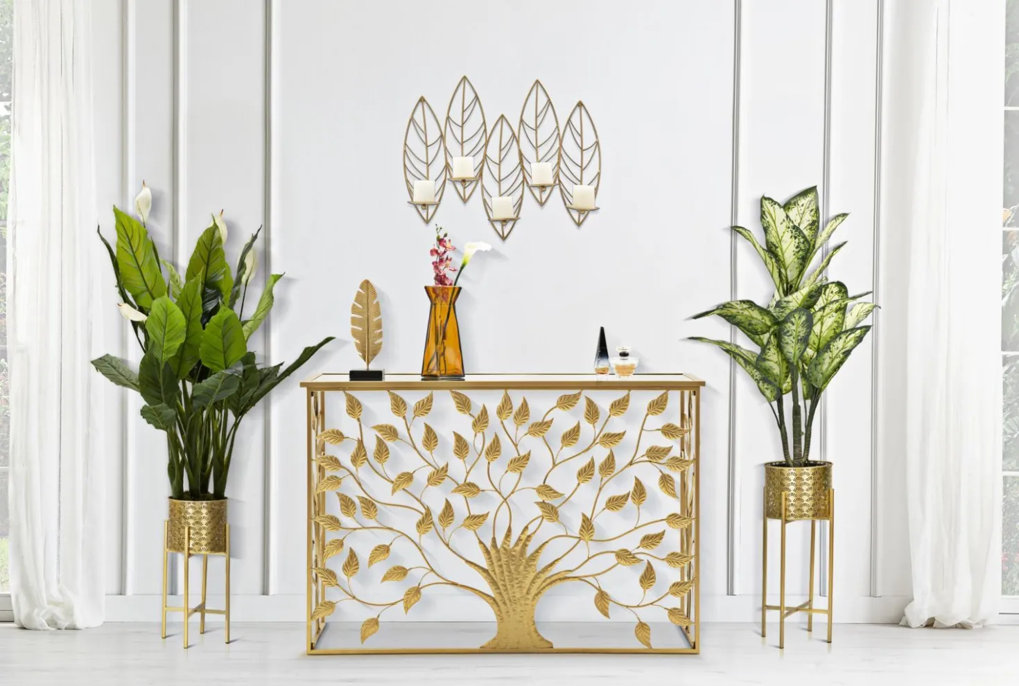 Porte-bougie mural métal doré design feuilles 5 bougies