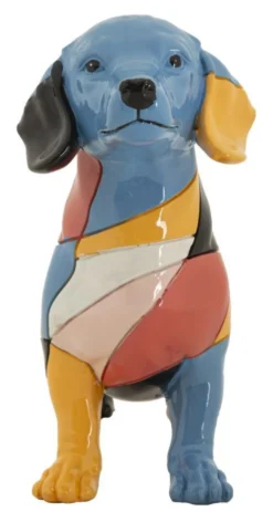 Sculpture chien teckel animée en polyrésine couleurs vives