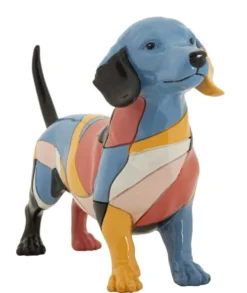 Sculpture chien teckel animée en polyrésine couleurs vives