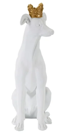 Statue de chien assis Blanc finition polyrésine couronne Dorée