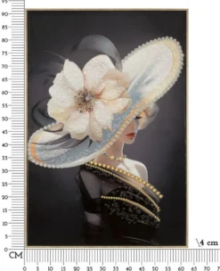 Tableau Laquared femme chapeau cadre bois et métal doré