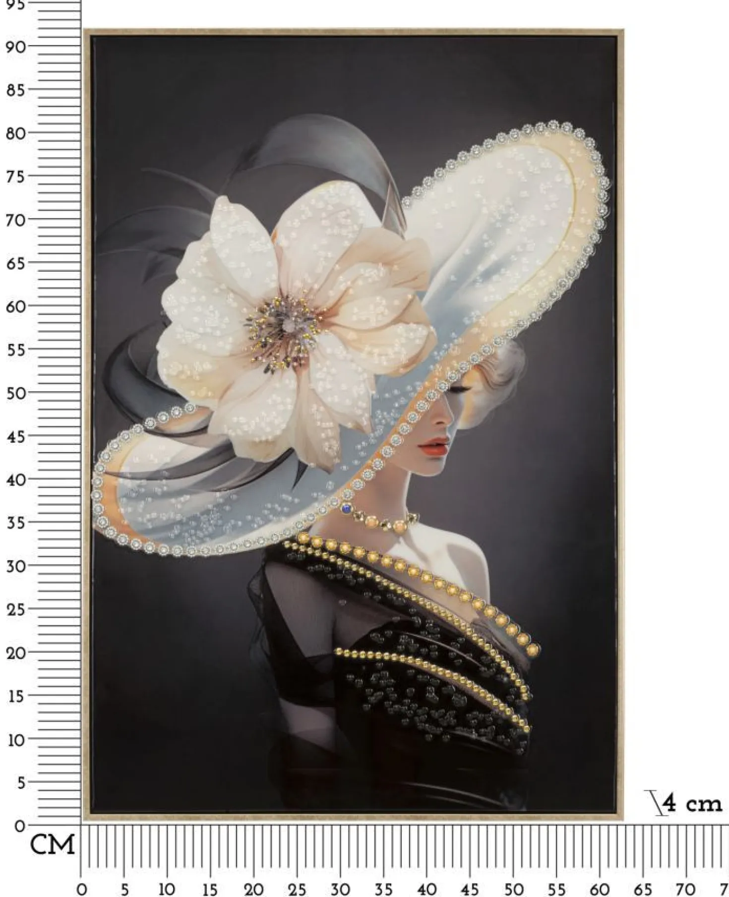 Tableau Laquared femme chapeau cadre bois et métal doré