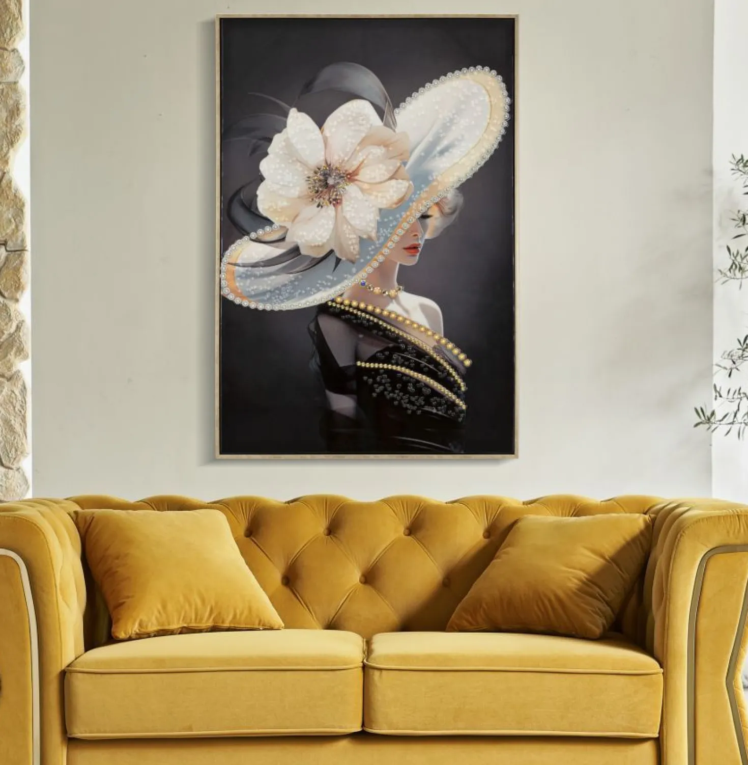 Tableau Laquared femme chapeau cadre bois et métal doré