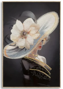 Tableau Laquared femme chapeau cadre bois et métal doré