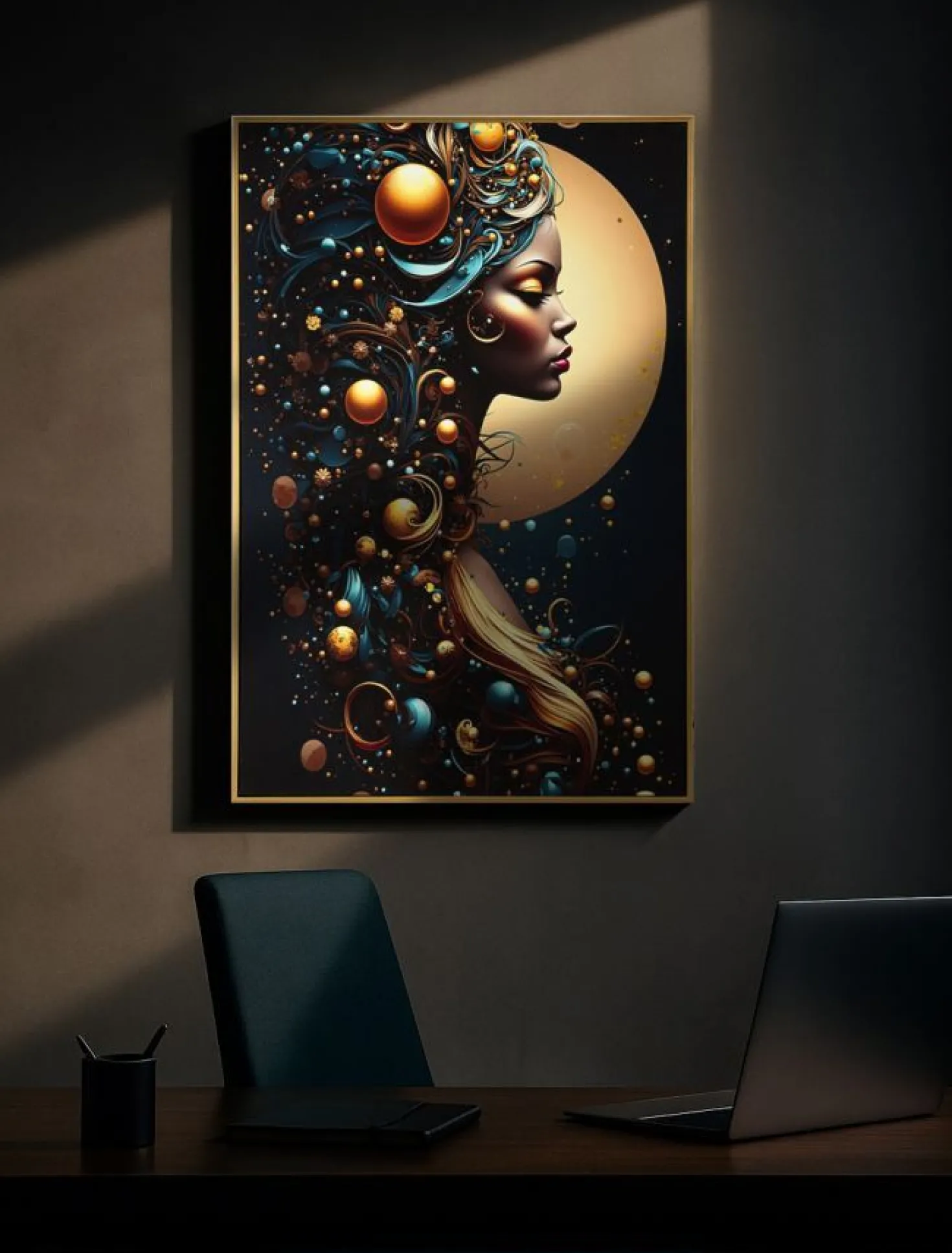 Tableau Minerva avec LED en cadre doré