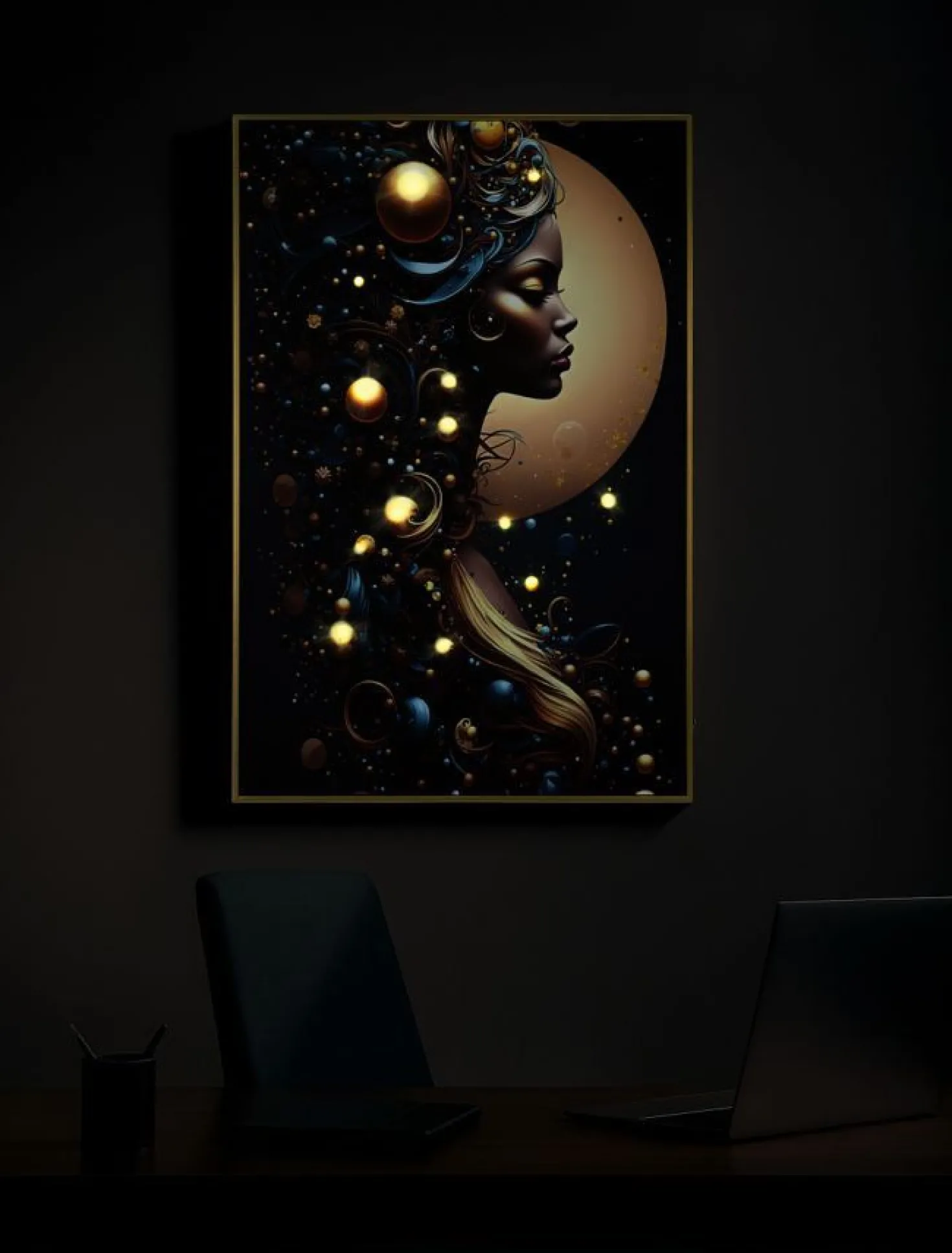 Tableau Minerva avec LED en cadre doré