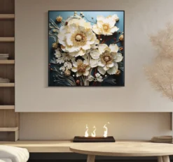 Tableau mural Laquared fleurs Blanches cadre bois massif et métal Noir