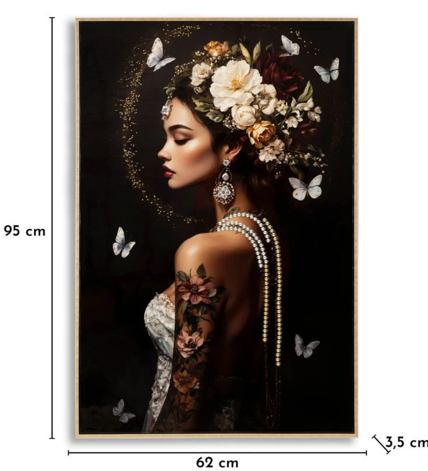 Tableau Persan Laqué Fleurs et Papillons cadre Bois